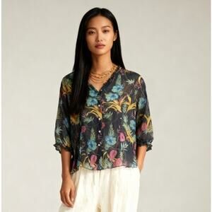 Vintage TESS Silk Floral Sheer Button Down Blouse Size 10 Multi Tropical Resort